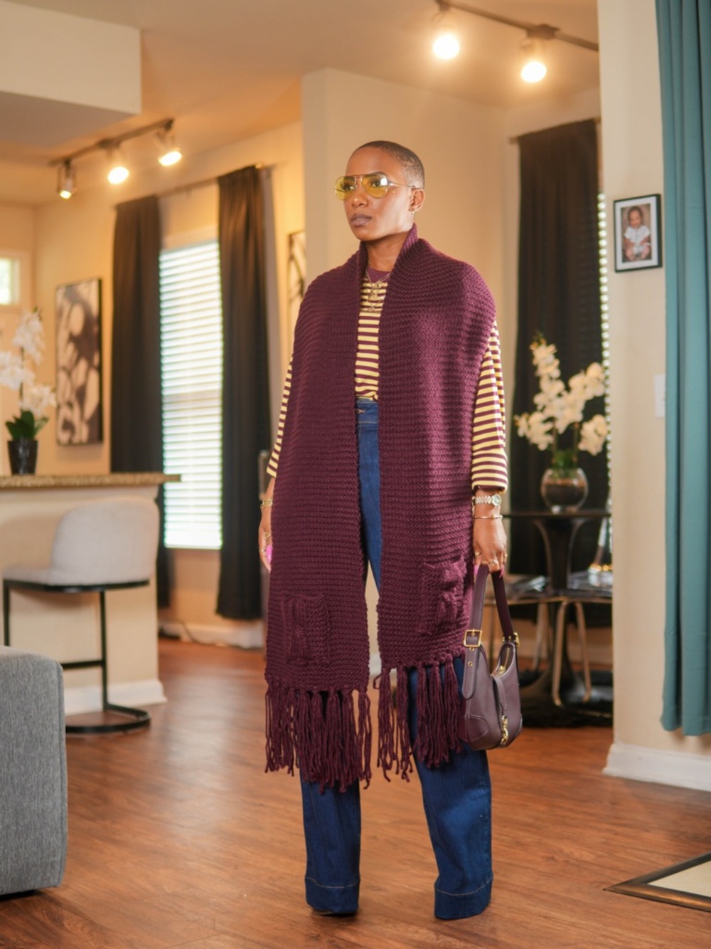 Burgundy Knit Fringe Long Scarf